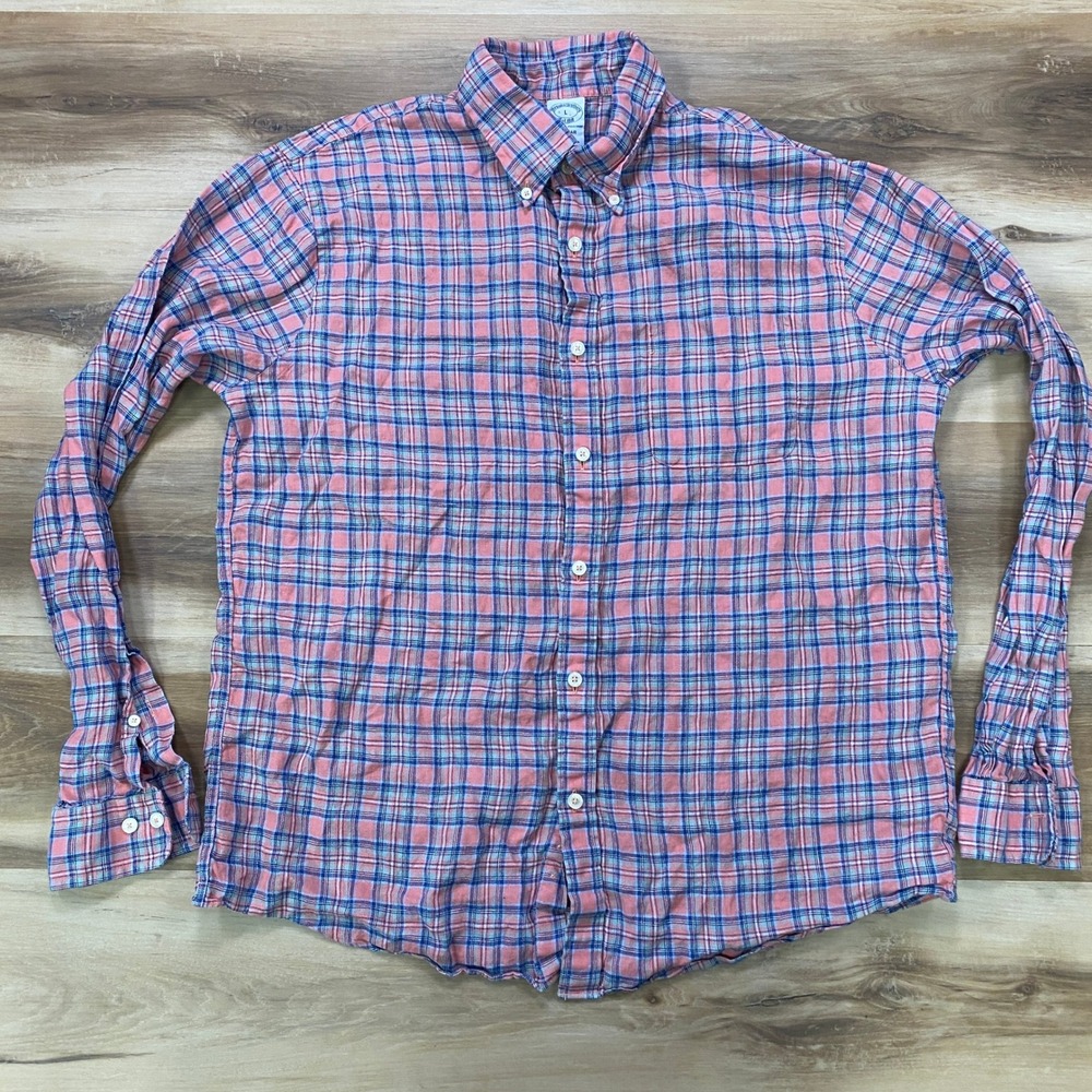 Brooks Brothers Button Down Shirt L Plaid Baird McNutt Irish Linen Regular Pink